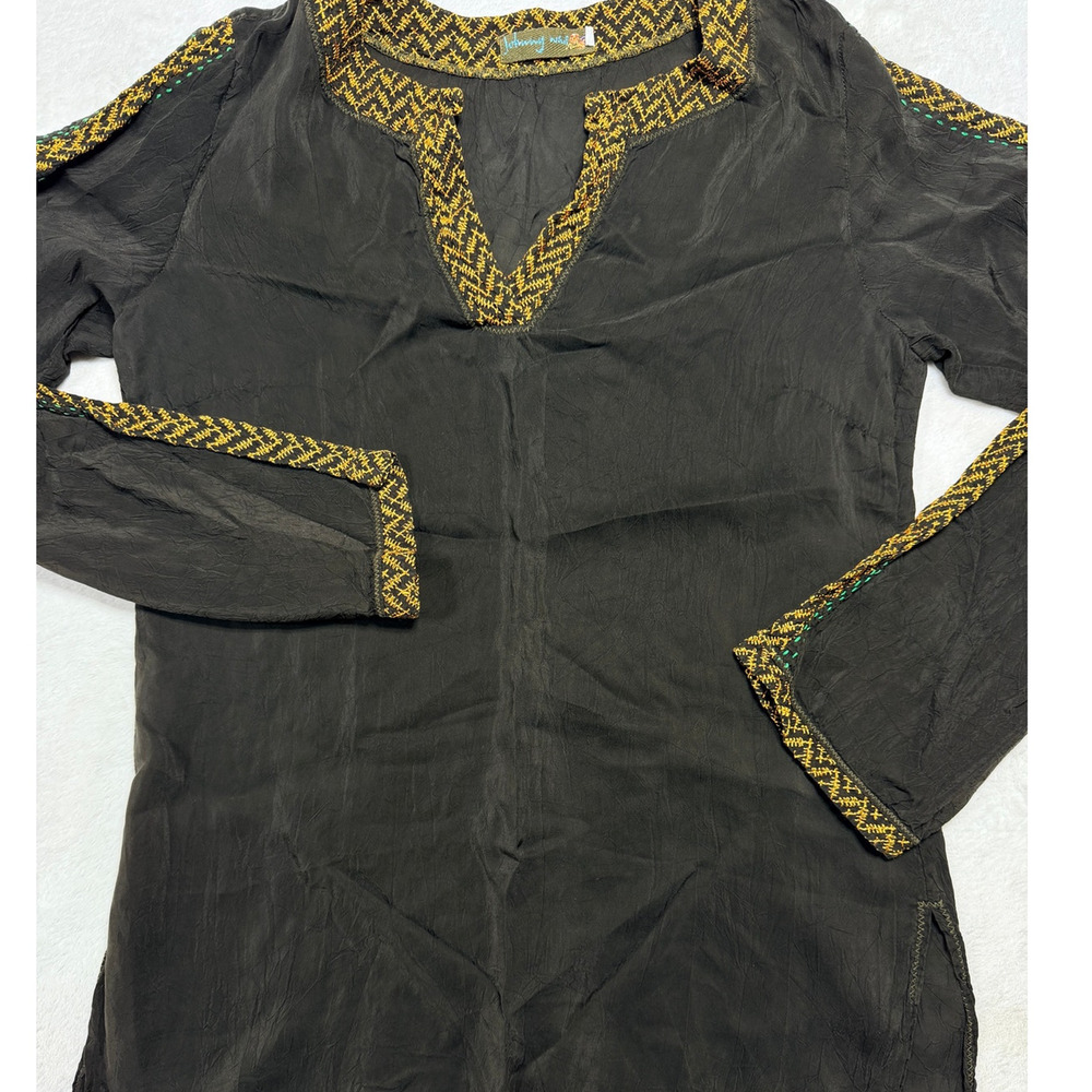 Johnny Was JWLA Embroidered Tunic Top Black Gold Rayon Bohemian Womens Sz Sm